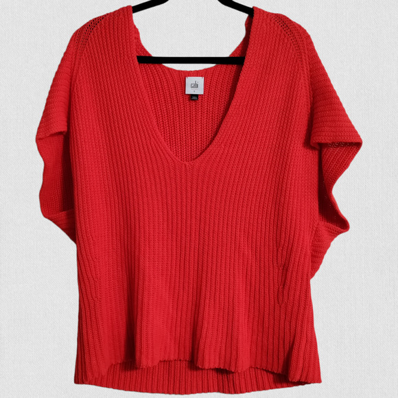 Cabi Ruby Oversized Knit Deep V Short Sleeve Pullover Womens Small #5837‎ Red - Picture 1 of 16